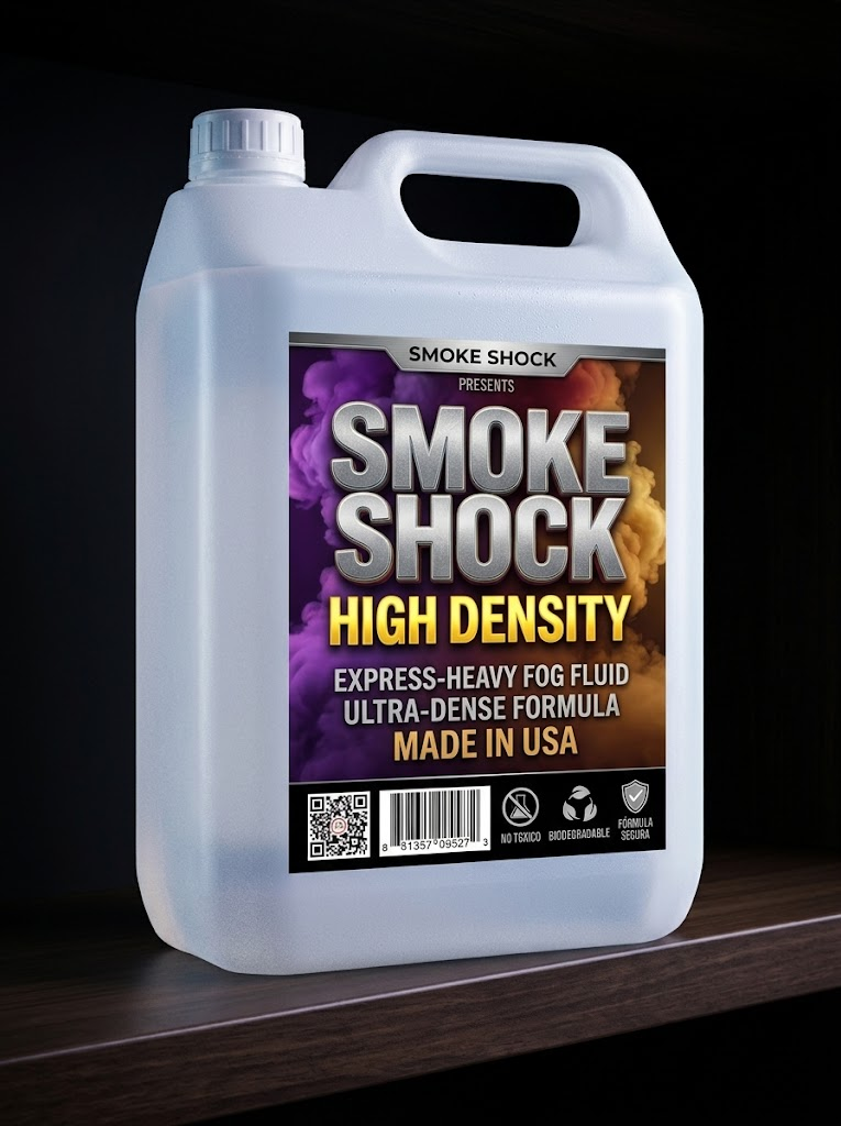 Garrafa de líquido de humo SMOKE SHOCK High Density de 5 litros con etiqueta morada y naranja y letras amarillas.