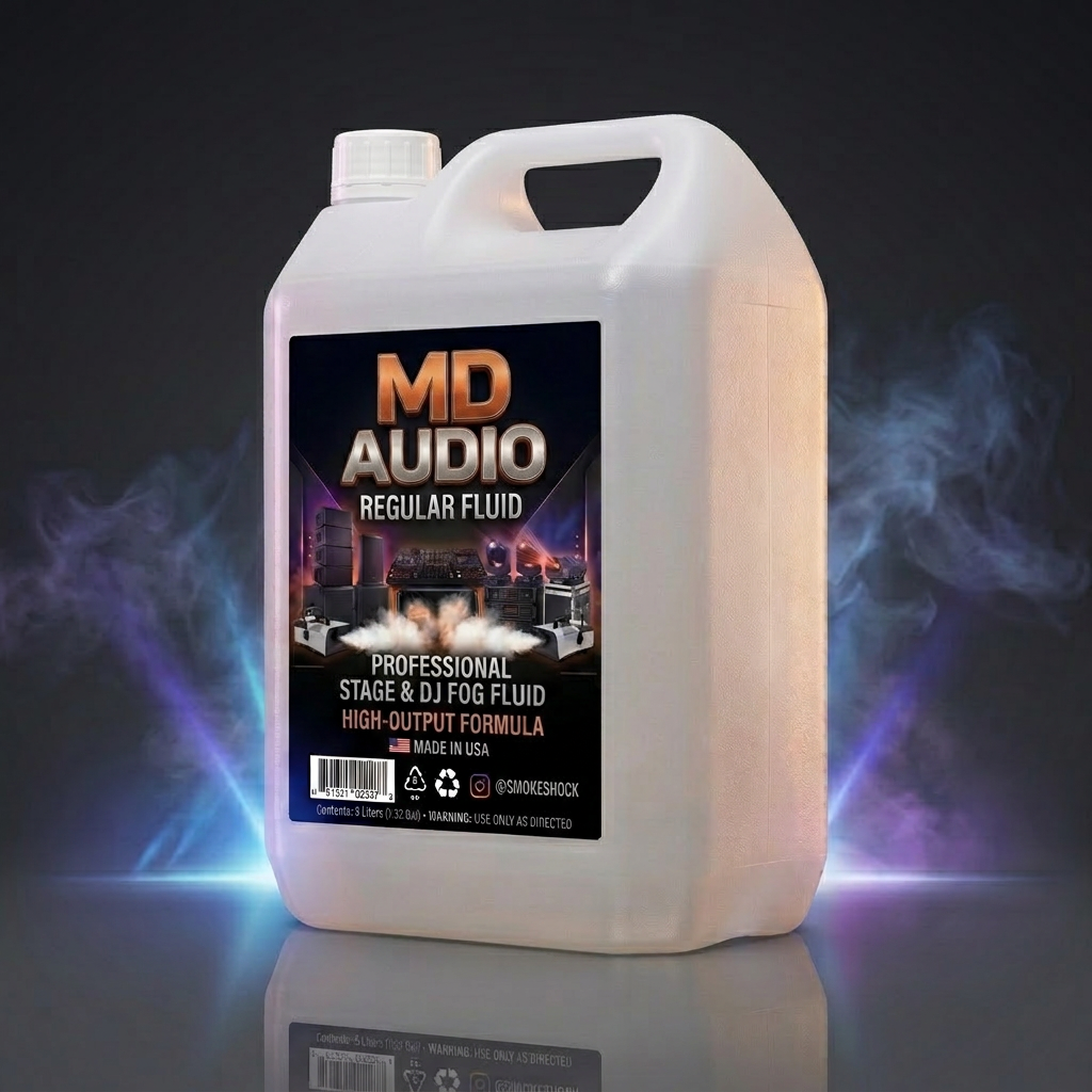 MD AUDIO Regular 5 L, vista en tres cuartos con humo azul y violeta