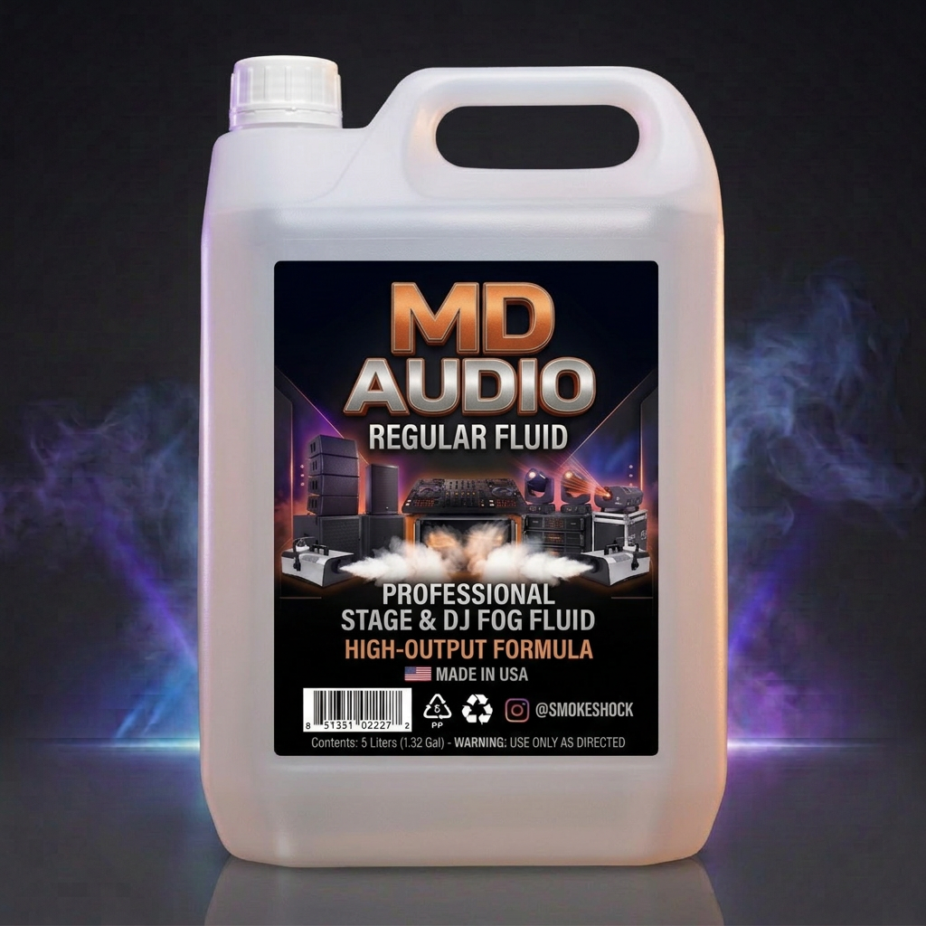 MD AUDIO Regular, vista frontal con humo azul y violeta y reflejo