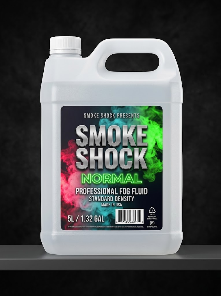 Garrafa de líquido de humo SMOKE SHOCK Normal de 5 litros con etiqueta de humo verde y rosa.